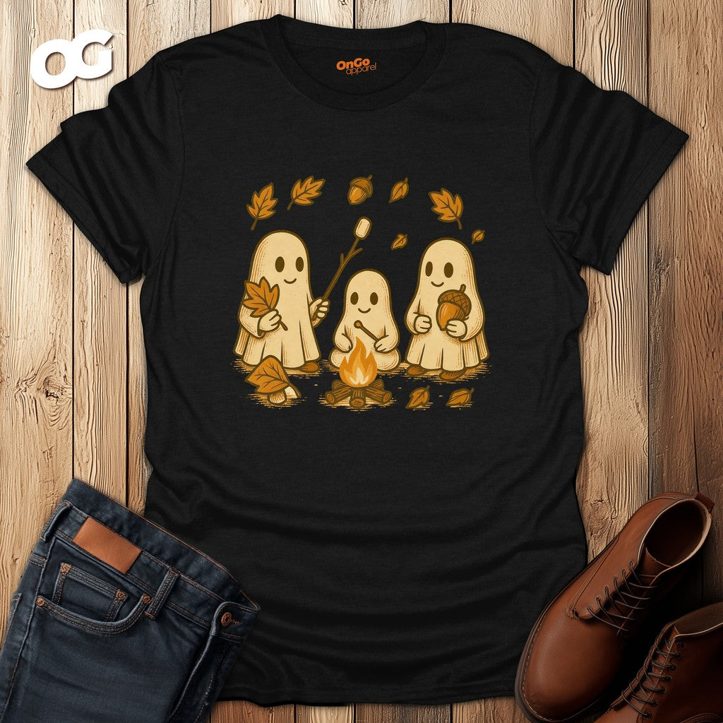 Ghosts Bonfire T-Shirt with Autumn Marshmallow Design – black – oak-wood