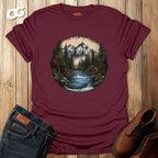 Nature Landscape T-Shirt with Mountain River Design – maroon – oak-wood