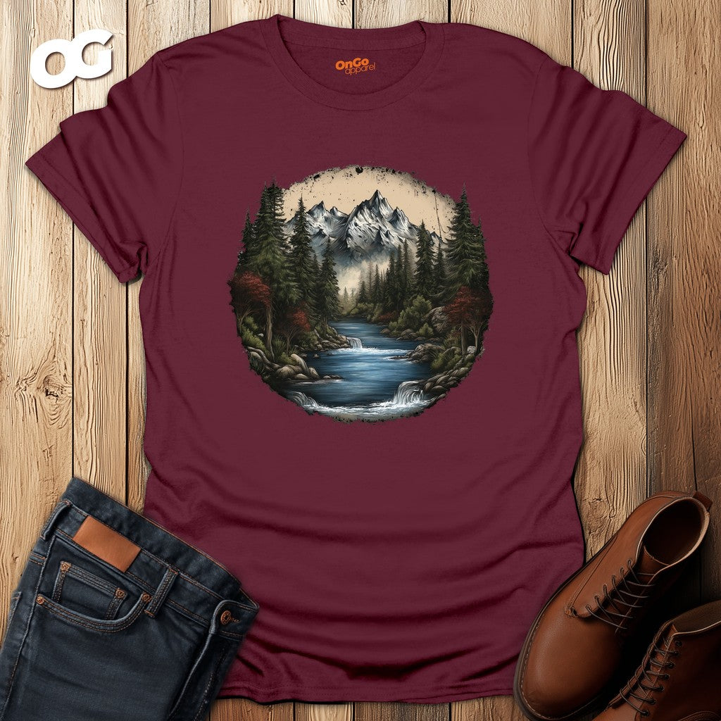 Nature Landscape T-Shirt with Mountain River Design – maroon – oak-wood