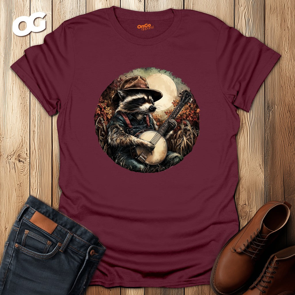 Raccoon with Banjo T-Shirt - Woodland Music Art – maroon – oak-wood