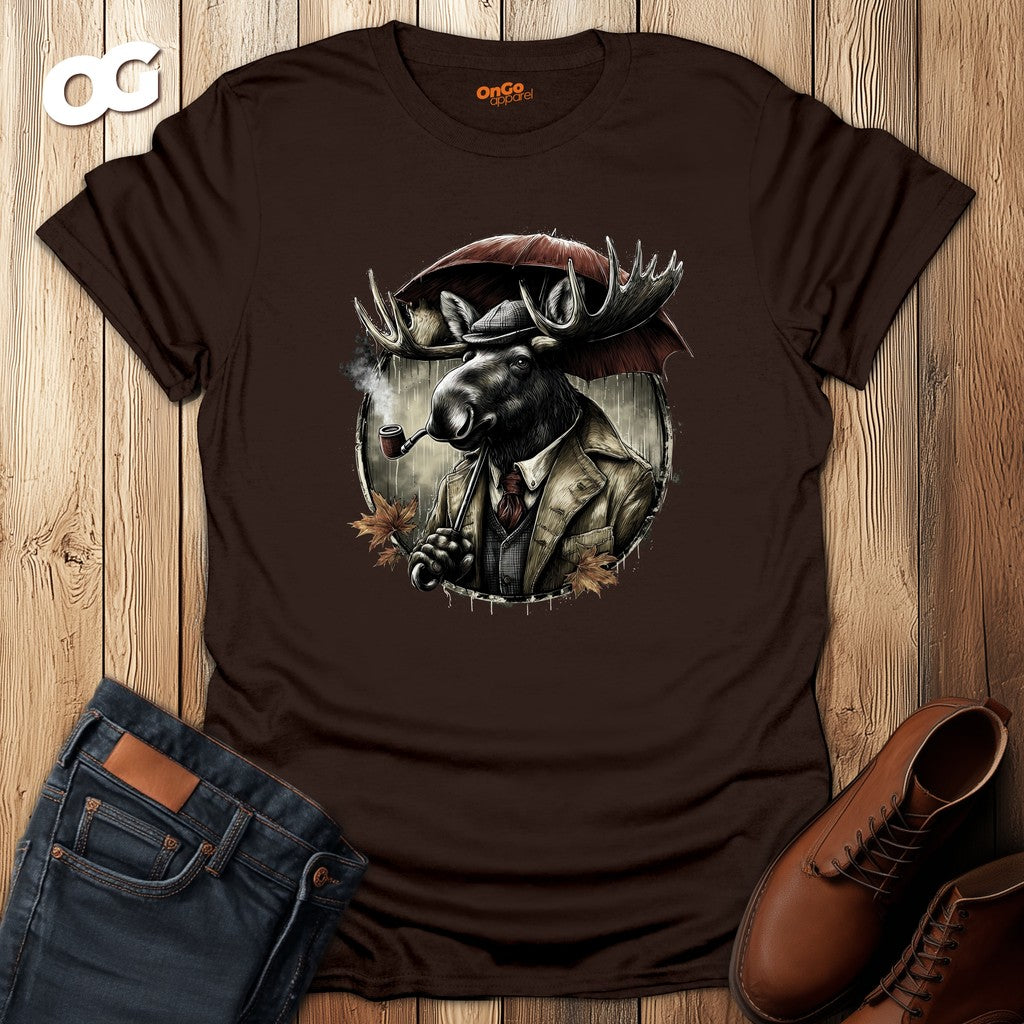 Stylish Moose with Umbrella and Pipe T-Shirt – dark_chocolate – oak-wood