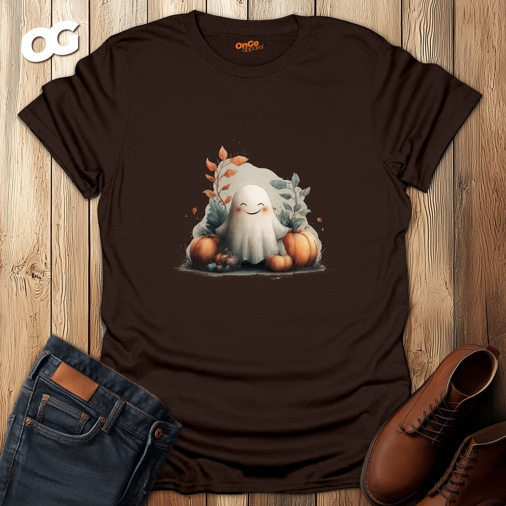 Cute Ghost and Pumpkin T-Shirt Design – dark_chocolate – oak-wood