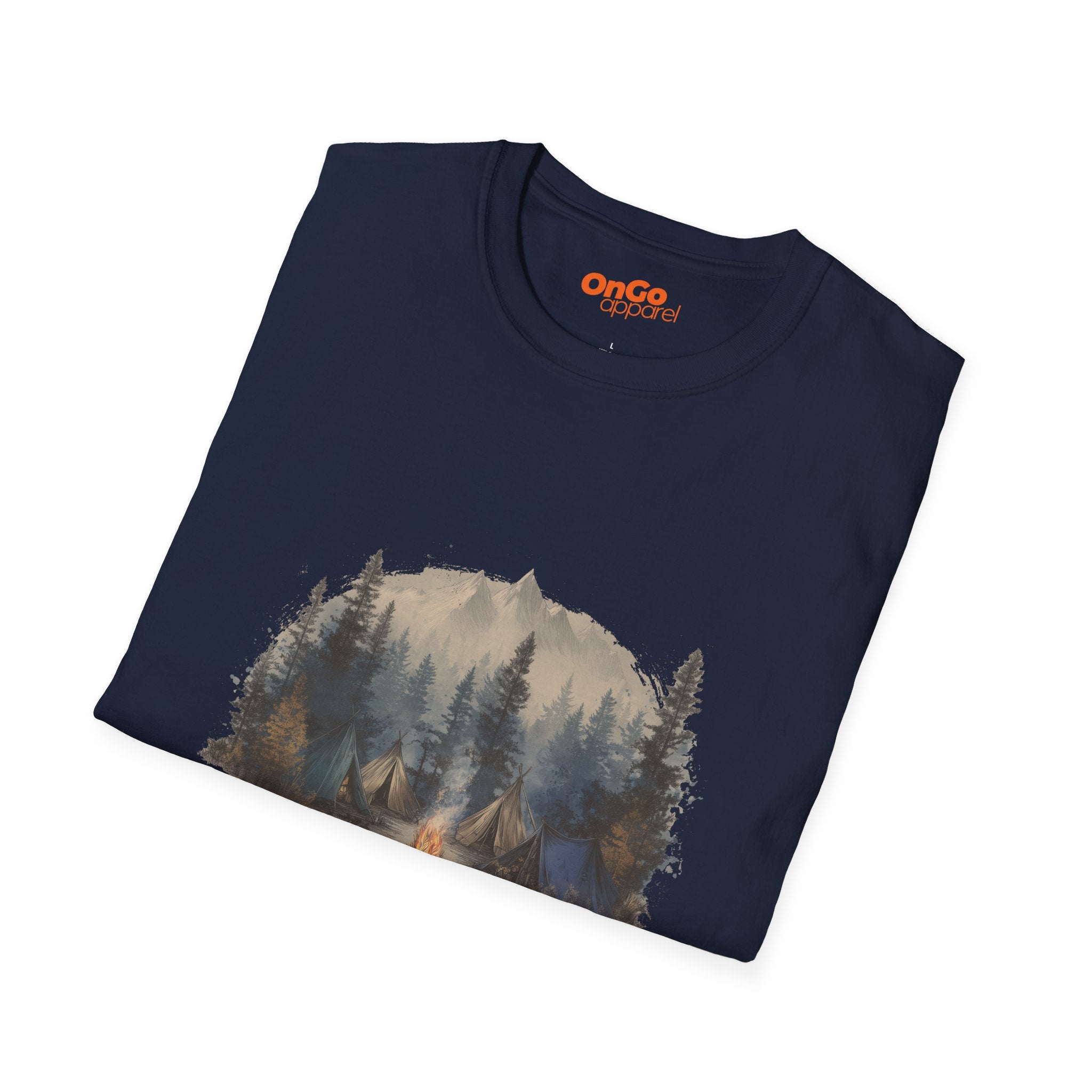 Camping Adventure T-Shirt with Mountain and Bonfire Design