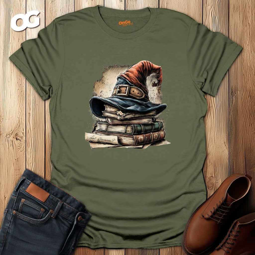Wizard Hat with Books T-Shirt for Fantasy Fans – military_green – oak-wood
