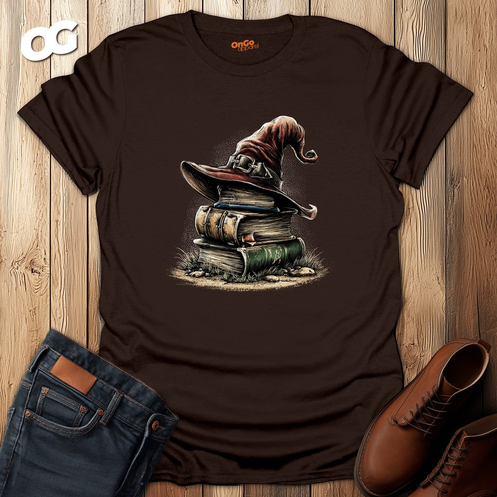 Mystical Wizard Hat and Books T-Shirt – dark_chocolate – oak-wood