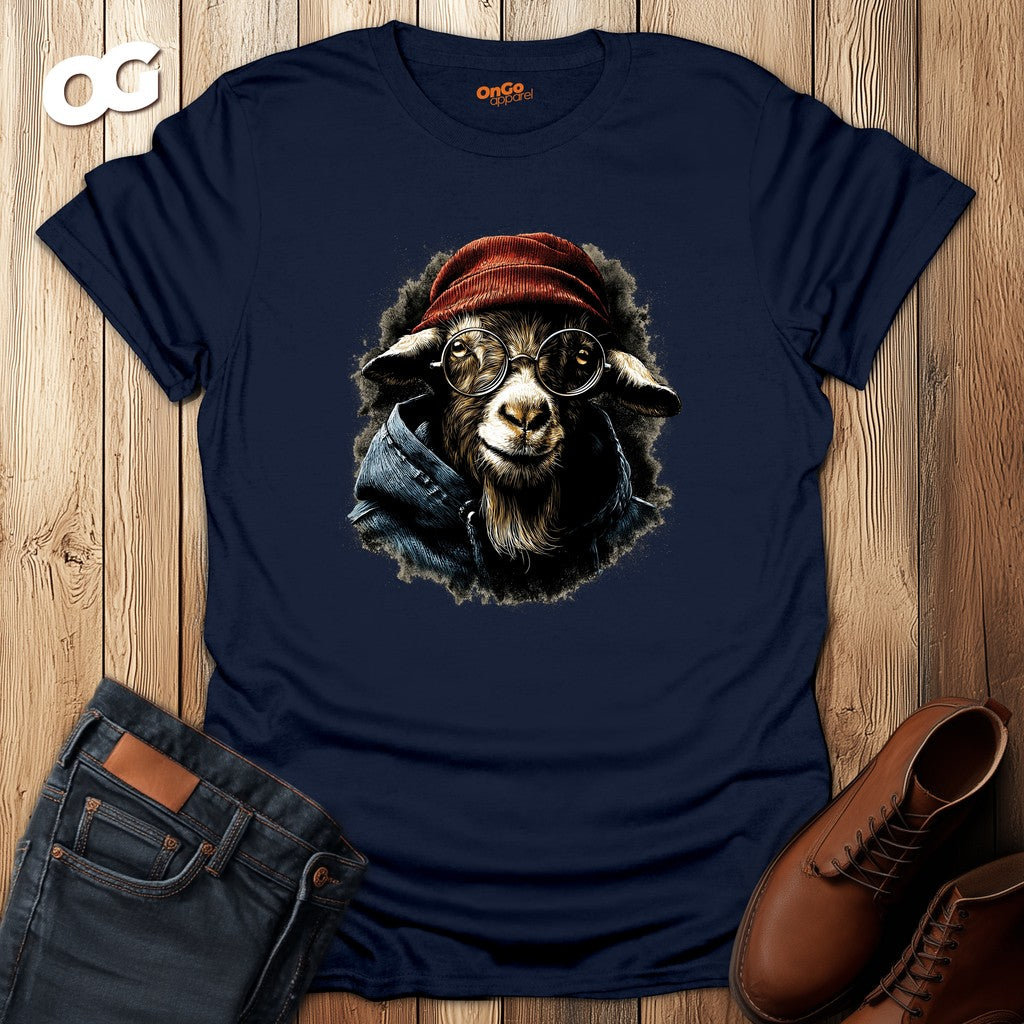 Trendy Goat with Glasses T-Shirt for Animal Lovers – navy – oak-wood
