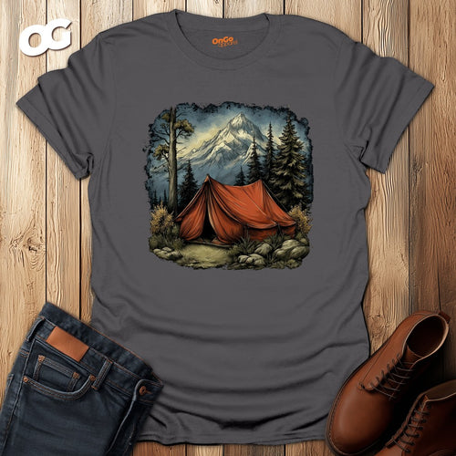 Adventure Mountain Tent Graphic T-Shirt – charcoal – oak-wood