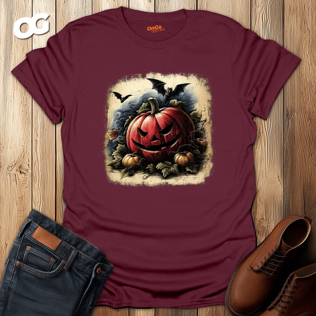 Jack-o'-Lantern Halloween T-shirt with Bats Design – maroon – oak-wood