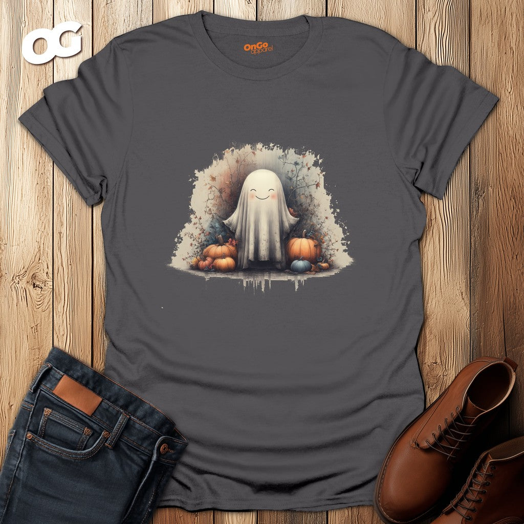 Charming Ghost and Pumpkins Graphic T-Shirt – charcoal – oak-wood