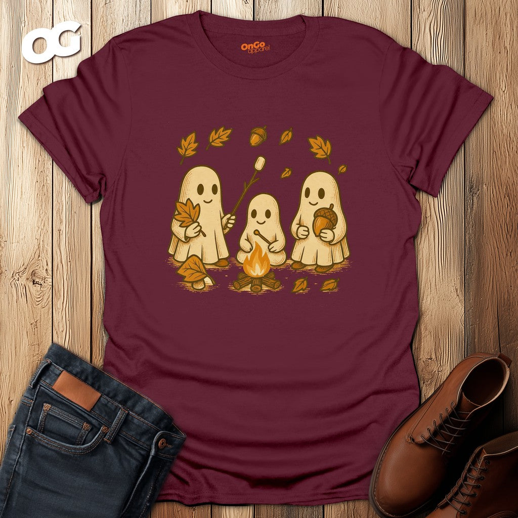 Ghosts Bonfire T-Shirt with Autumn Marshmallow Design – maroon – oak-wood