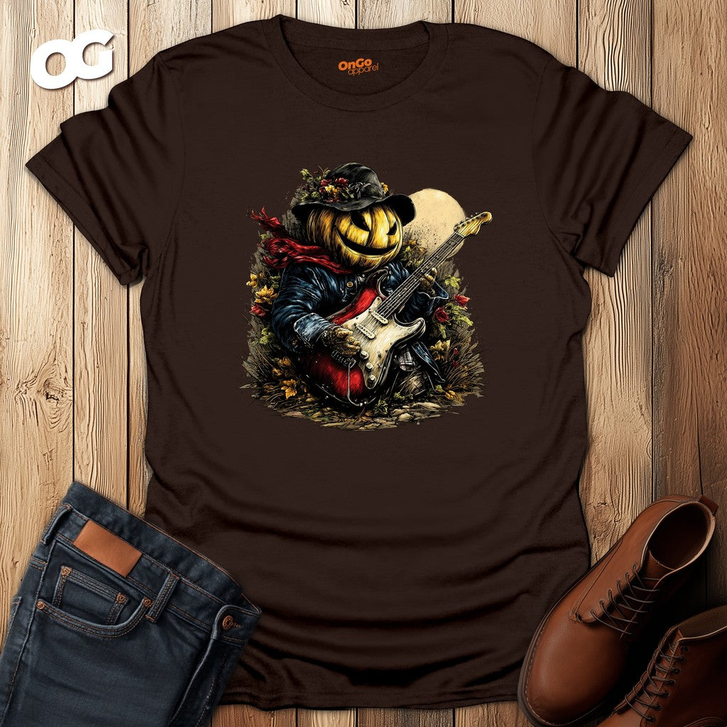 Pumpkin Guitarist T-Shirt with Creative Design – dark_chocolate – oak-wood