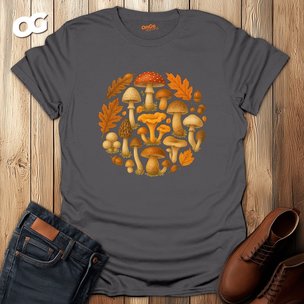 Mushroom & Leaf Circle Graphic T-Shirt – charcoal – oak-wood
