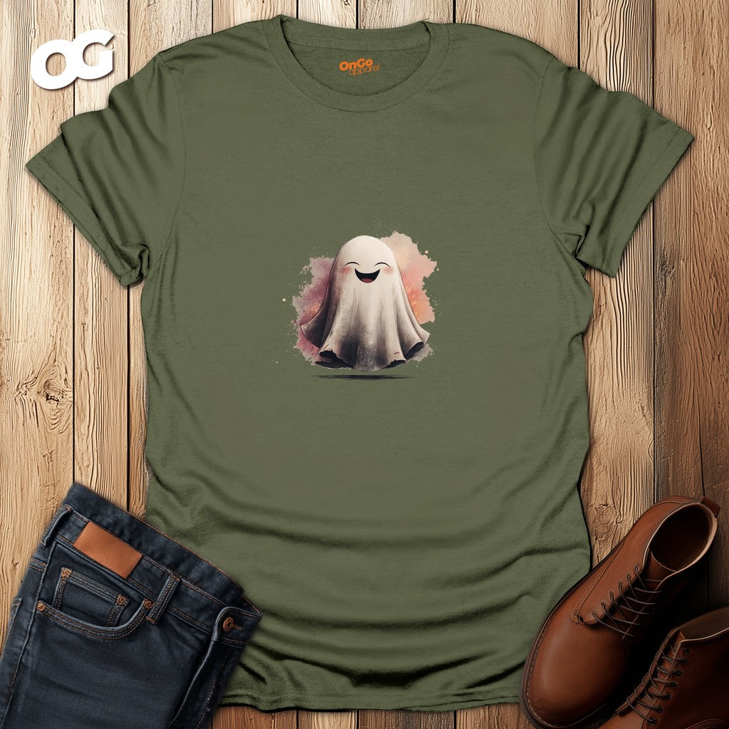 Cheerful Ghost Graphic T-Shirt – military_green – oak-wood