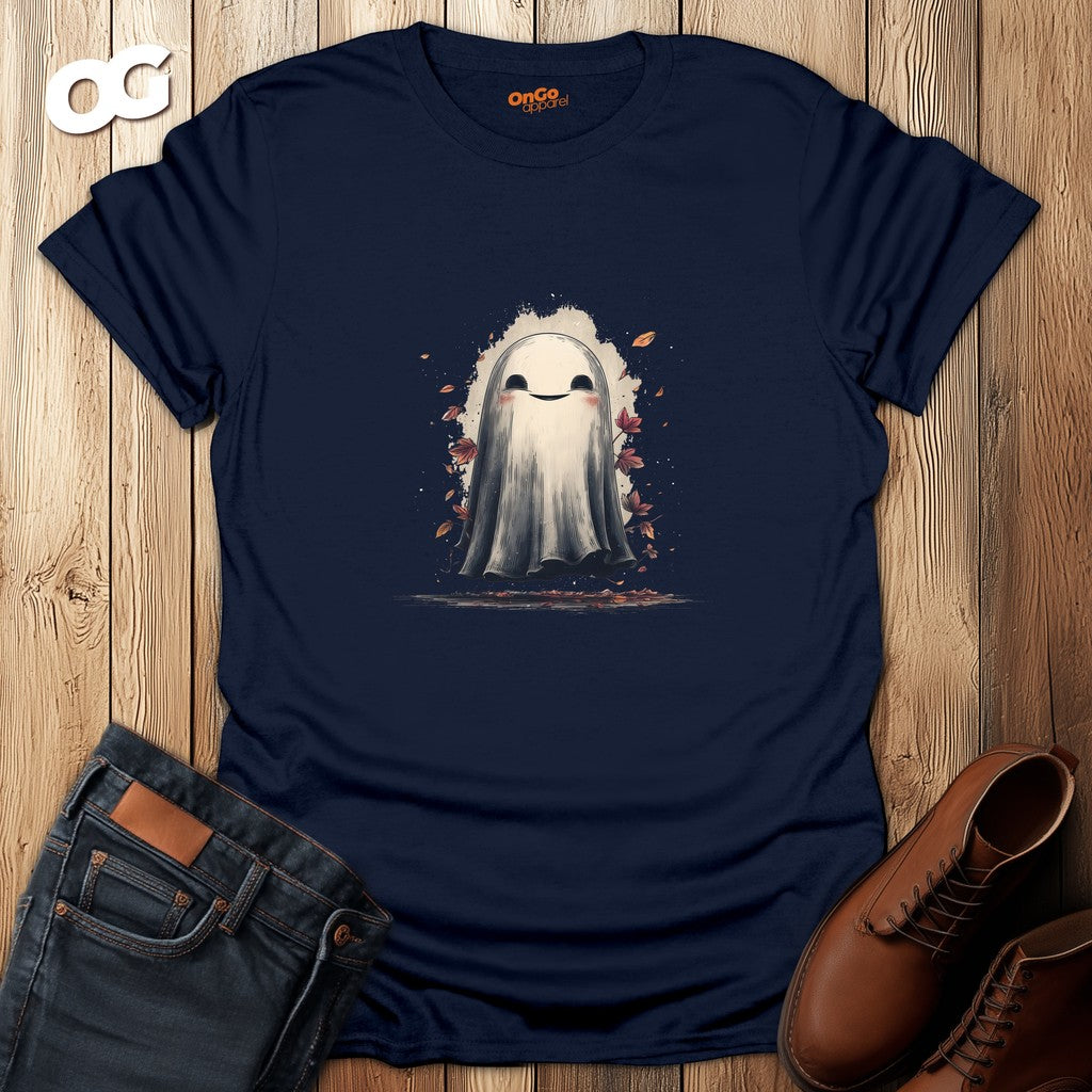 Charming Ghost with Leaves Graphic T-Shirt – navy – oak-wood