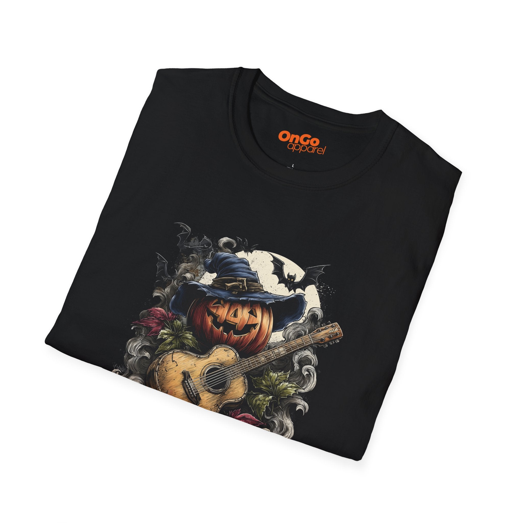 Halloween Pumpkin Guitar T-Shirt with Witch Hat