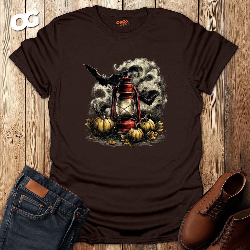 Eerie Lantern T-Shirt with Bats and Pumpkins Design – dark_chocolate – oak-wood