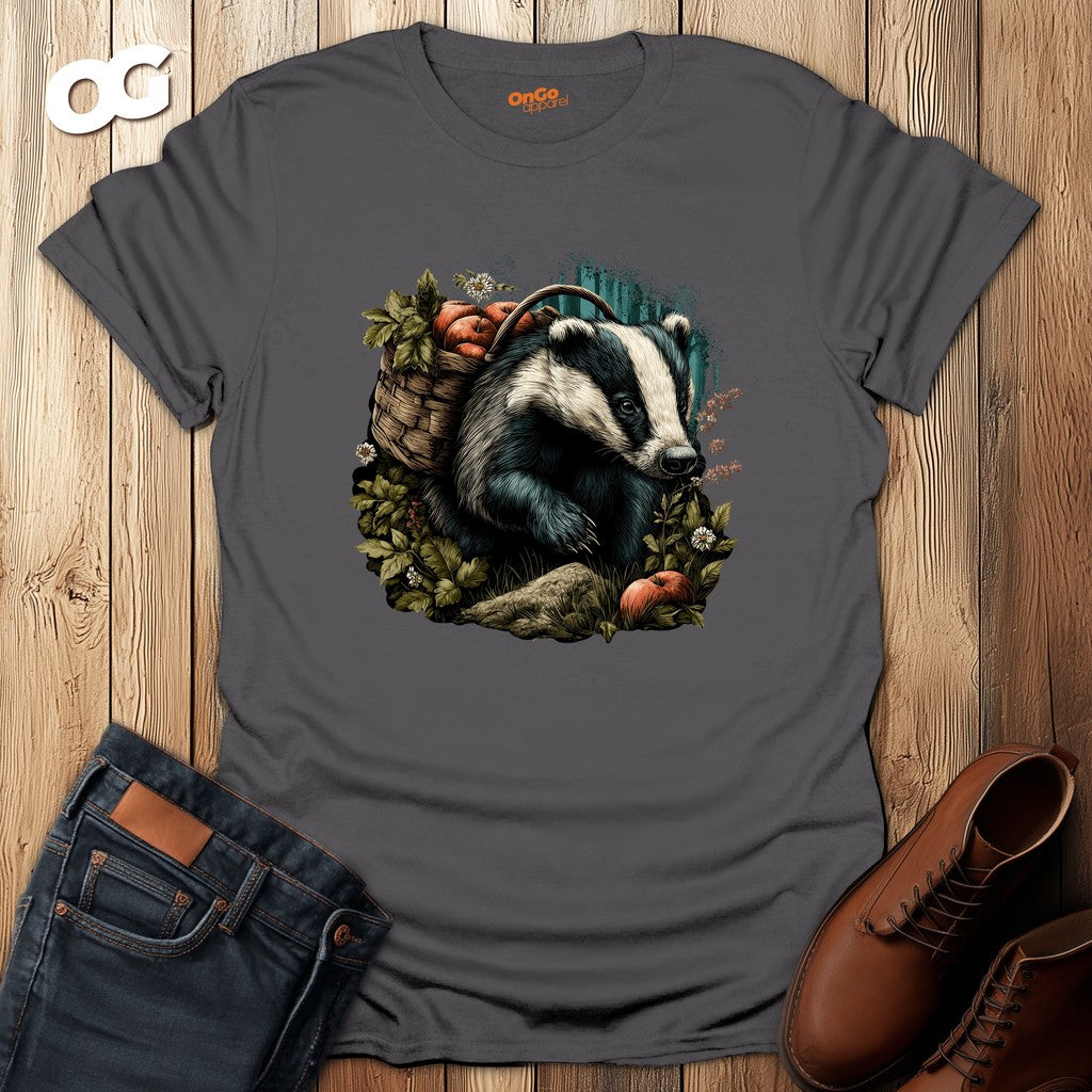 Badger and Basket Graphic T-Shirt – charcoal – oak-wood