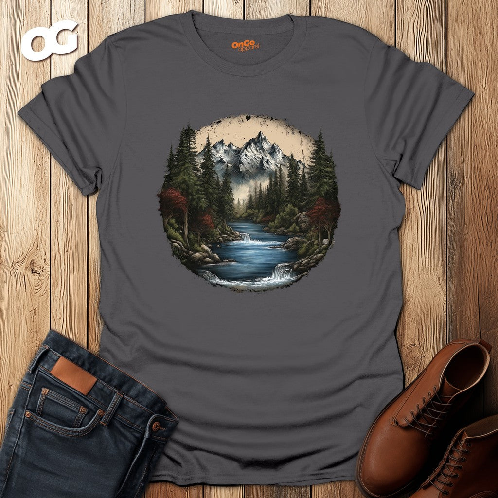 Nature Landscape T-Shirt with Mountain River Design – charcoal – oak-wood