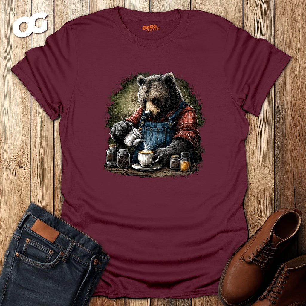 Bear Barista T-Shirt with Coffee Theme – maroon – oak-wood