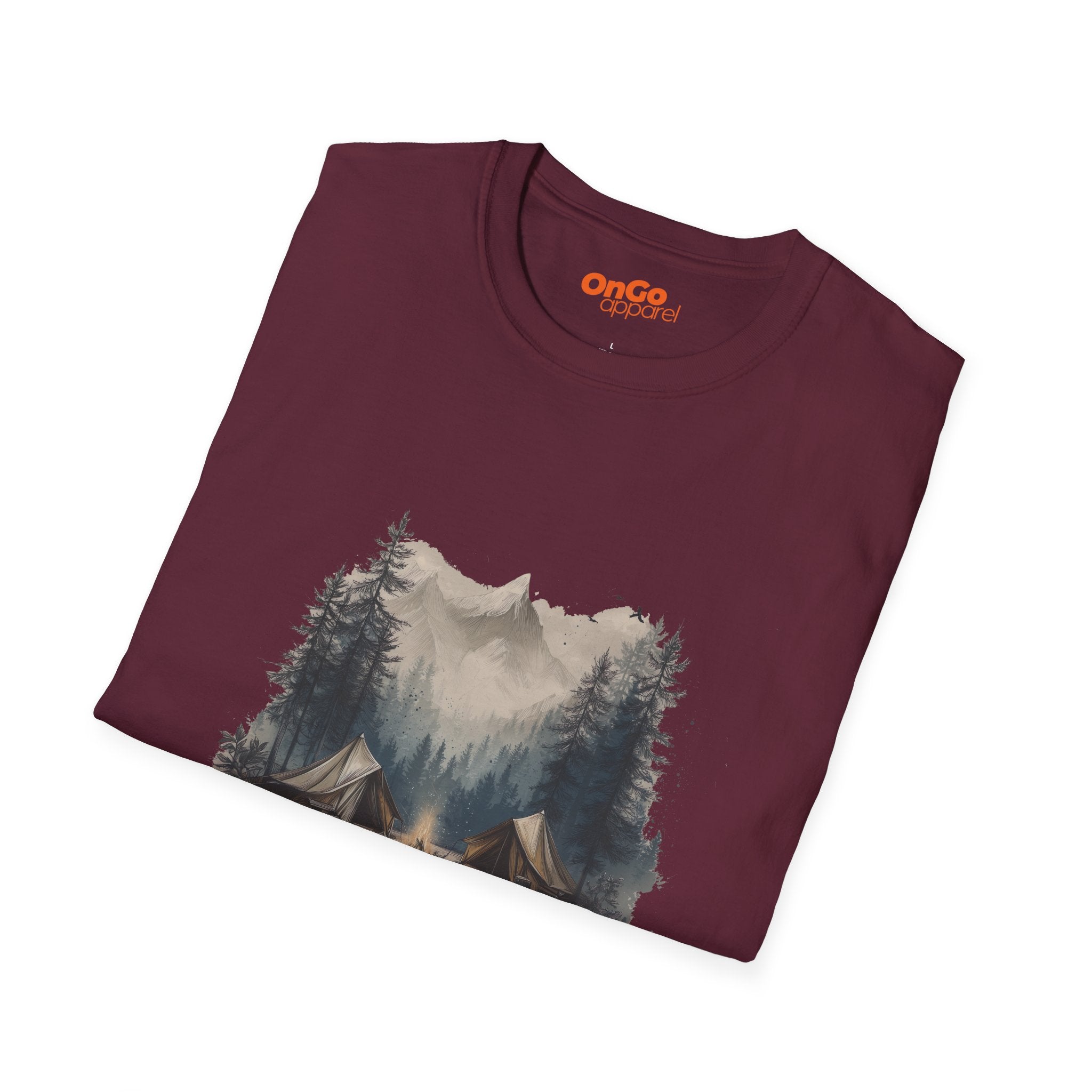 Camping Scene T-Shirt with Tent and Mountain Design