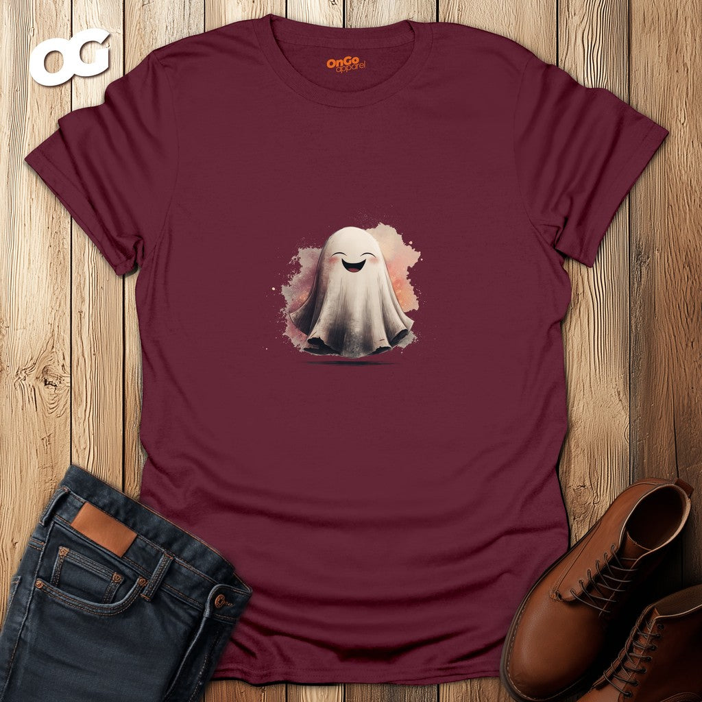 Cheerful Ghost Graphic T-Shirt – maroon – oak-wood