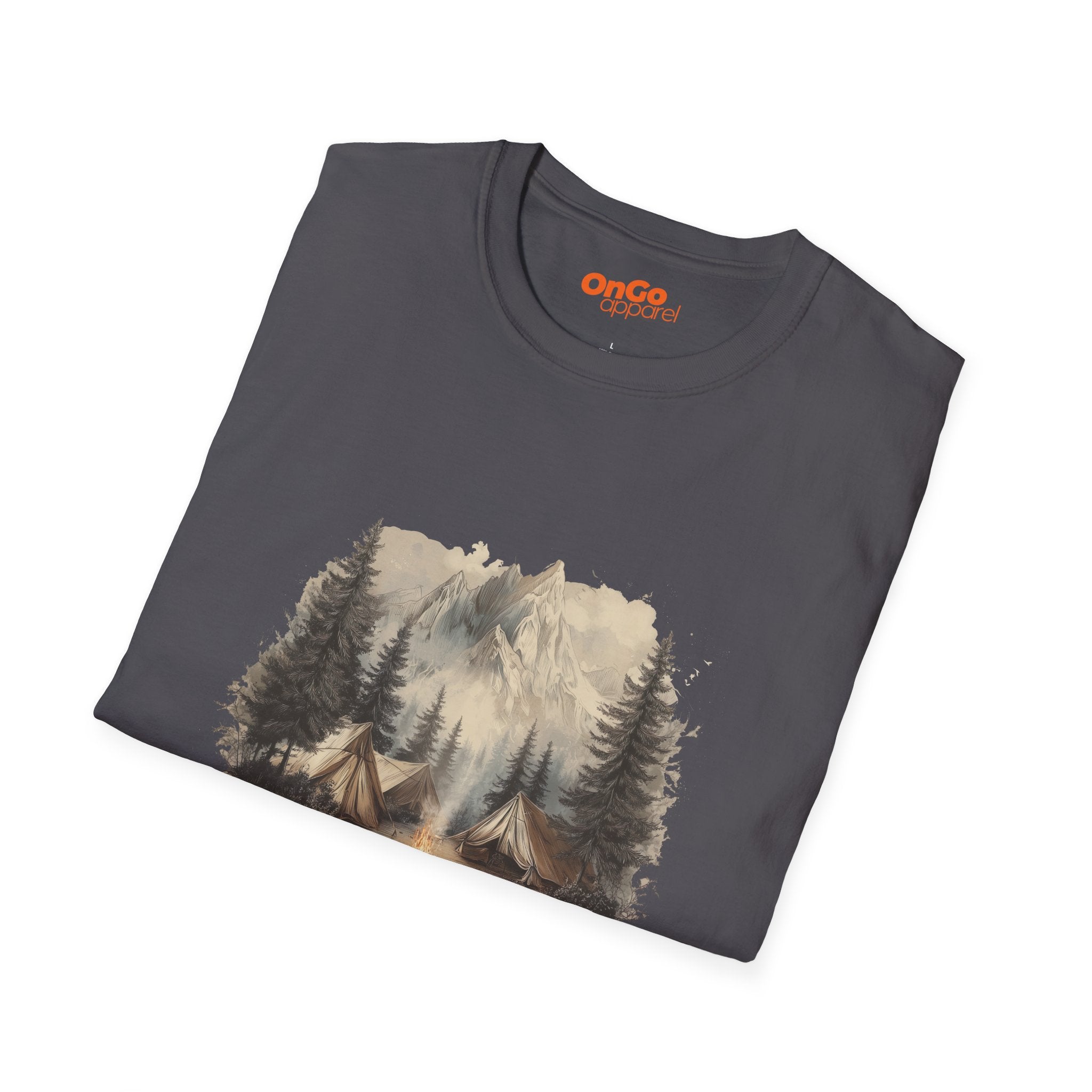 Camping Scene T-Shirt with Tents and Mountains