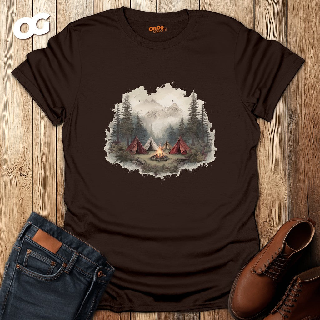 Camping Adventure T-Shirt with Bonfire and Mountain Scene – dark_chocolate – oak-wood