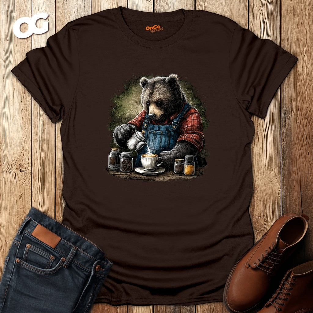 Bear Barista T-Shirt with Coffee Theme – dark_chocolate – oak-wood