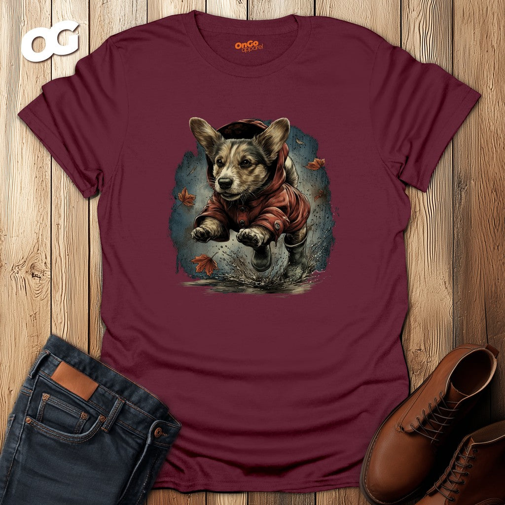 Corgi in Boots T-Shirt with Fall Leaves Design – maroon – oak-wood