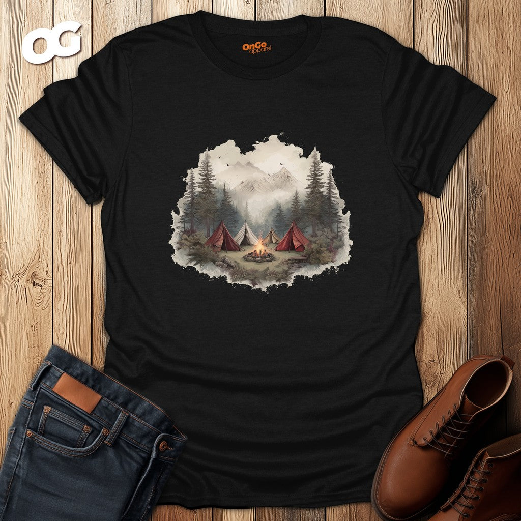 Camping Adventure T-Shirt with Bonfire and Mountain Scene – black – oak-wood