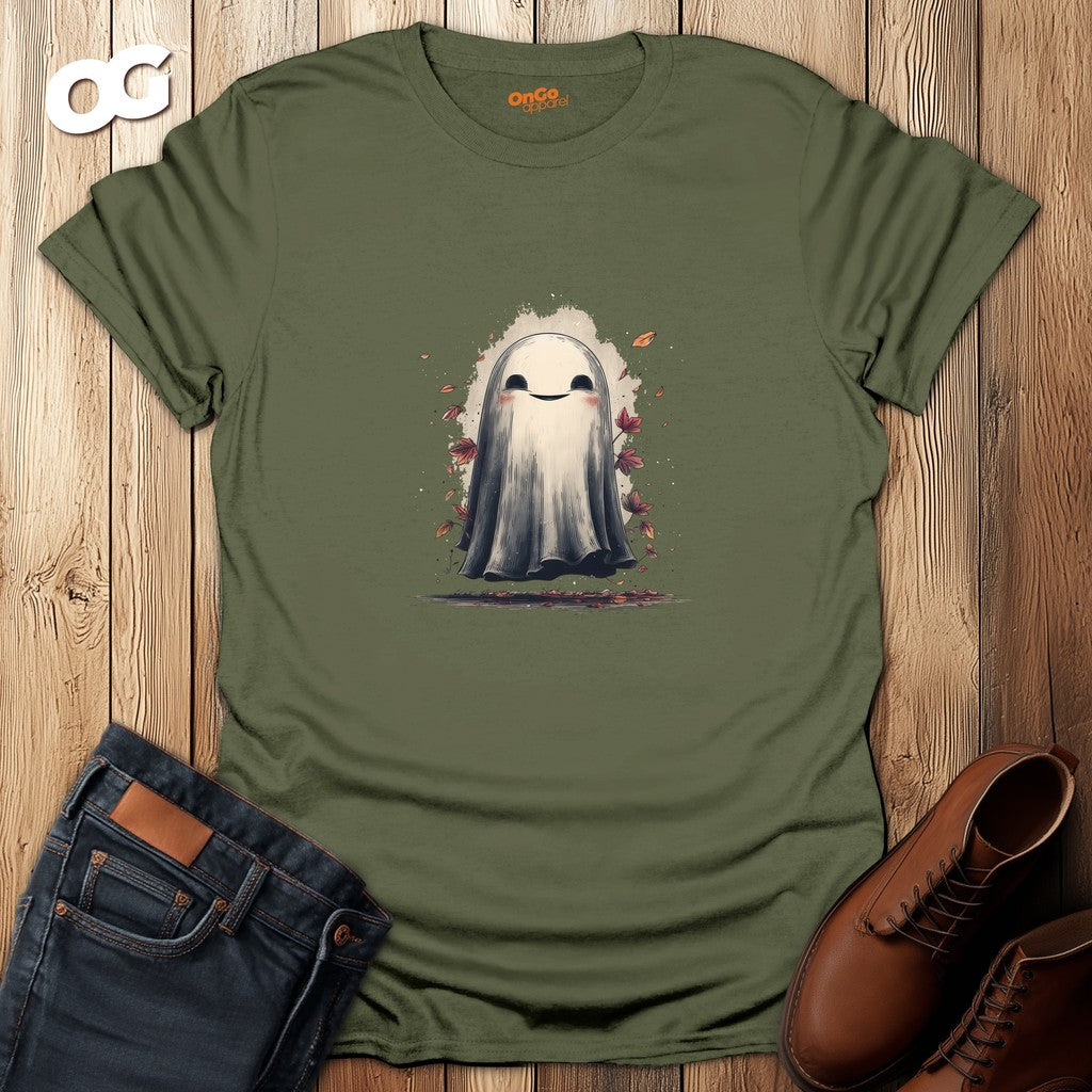 Charming Ghost with Leaves Graphic T-Shirt – military_green – oak-wood