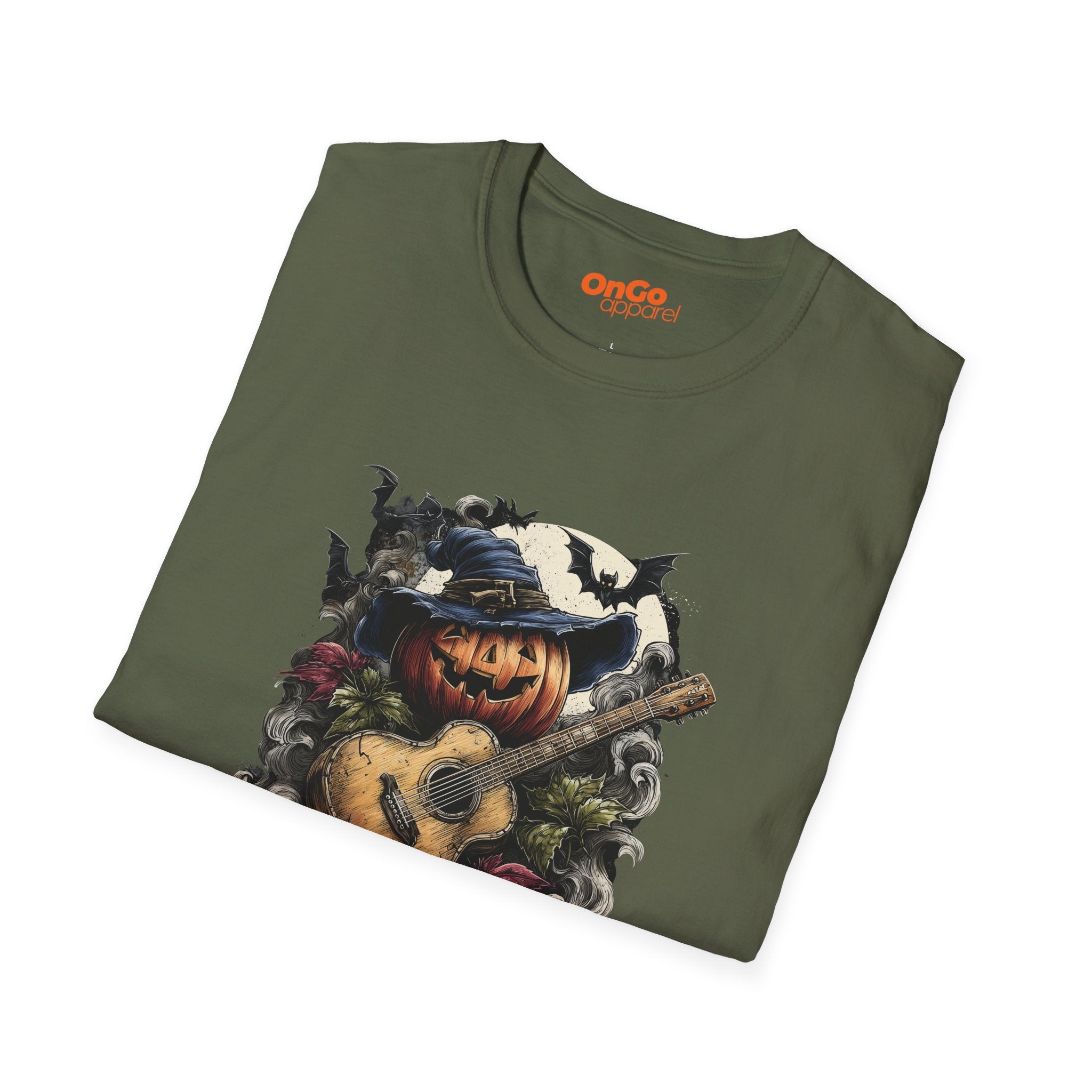 Halloween Pumpkin Guitar T-Shirt with Witch Hat