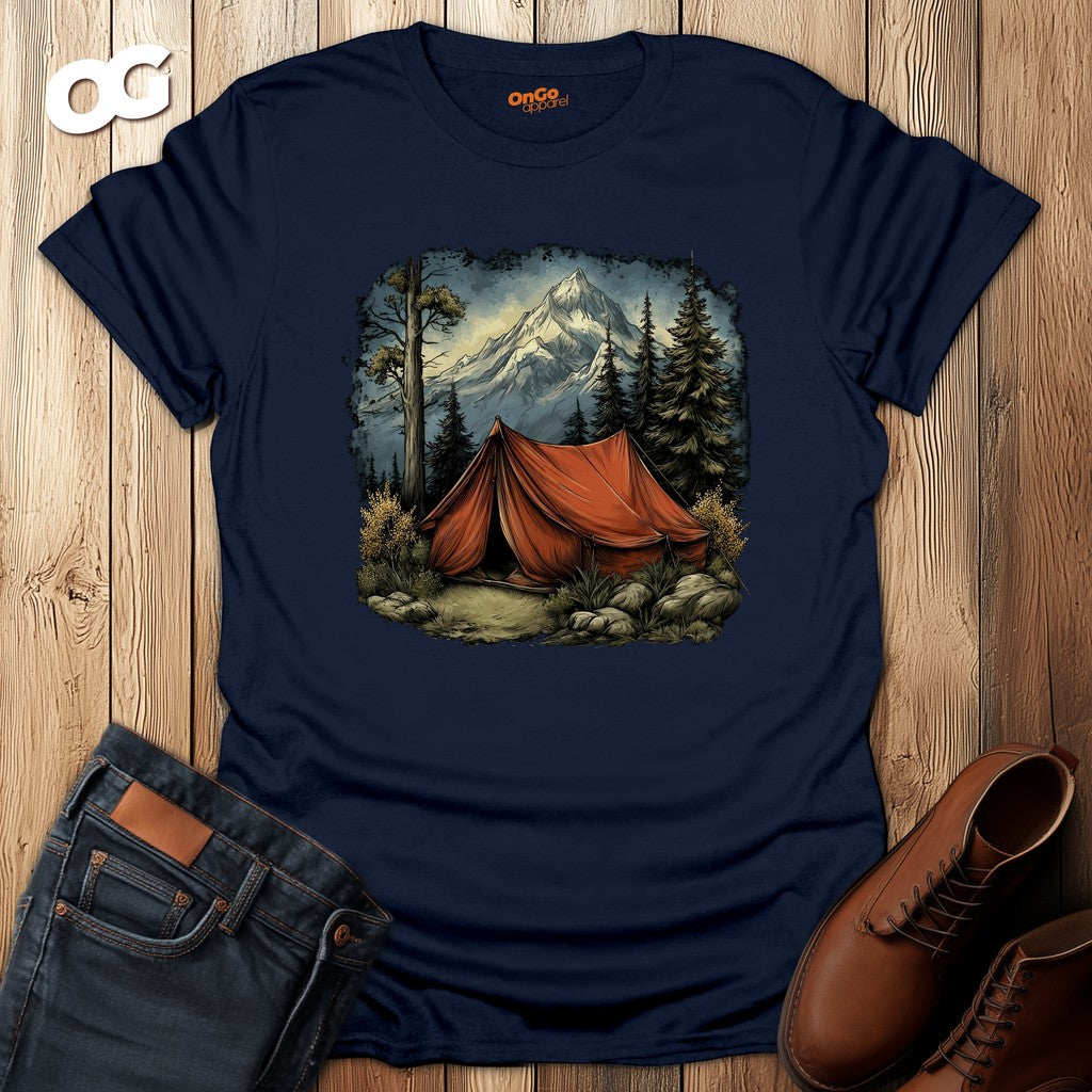 Adventure Mountain Tent Graphic T-Shirt – navy – oak-wood
