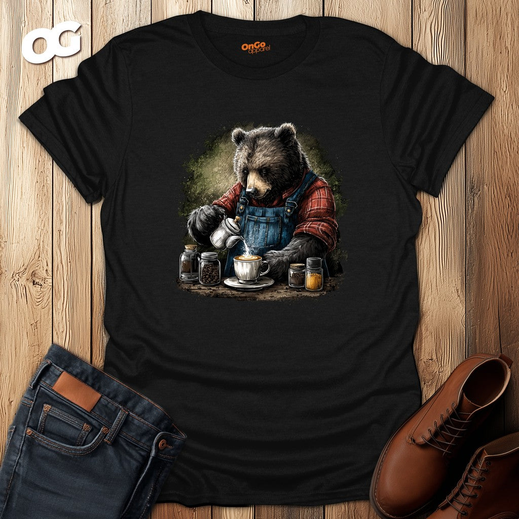 Bear Barista T-Shirt with Coffee Theme – black – oak-wood
