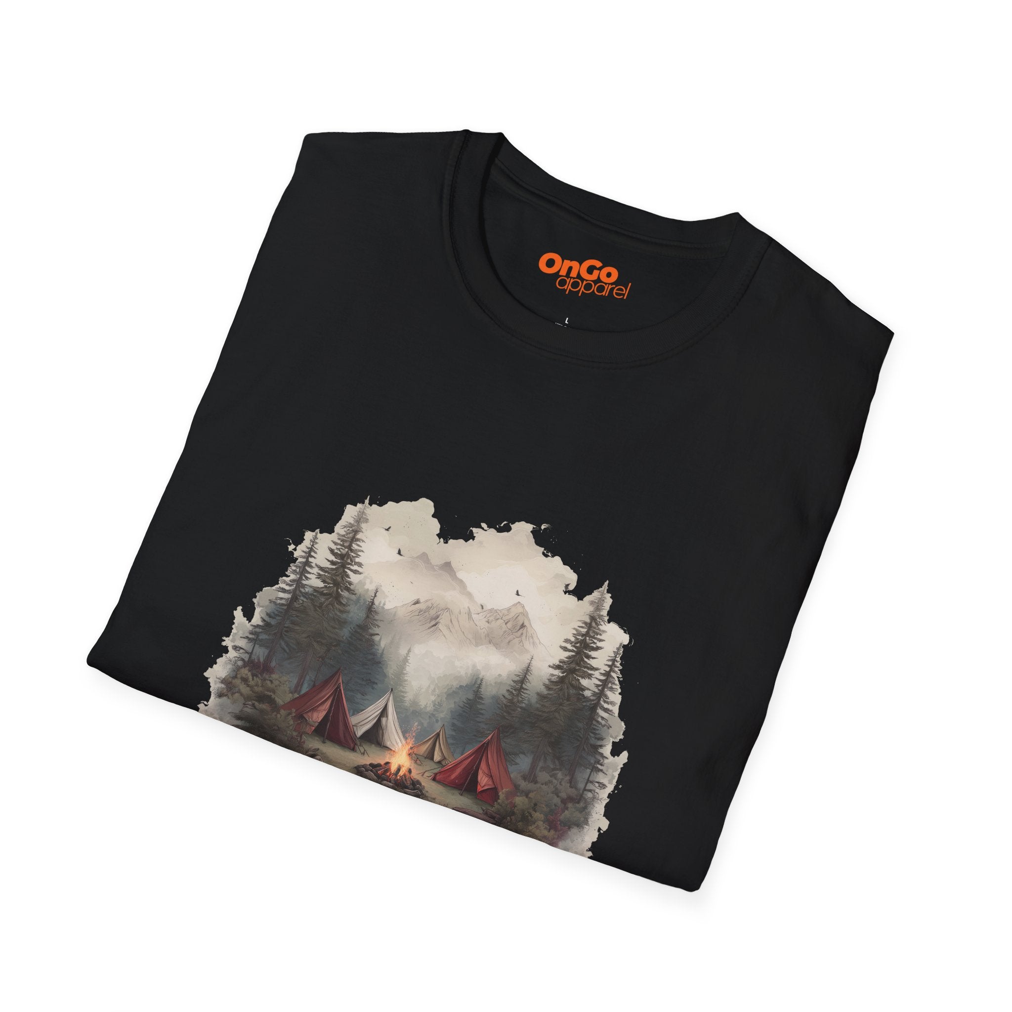 Camping Adventure T-Shirt with Bonfire and Mountain Scene