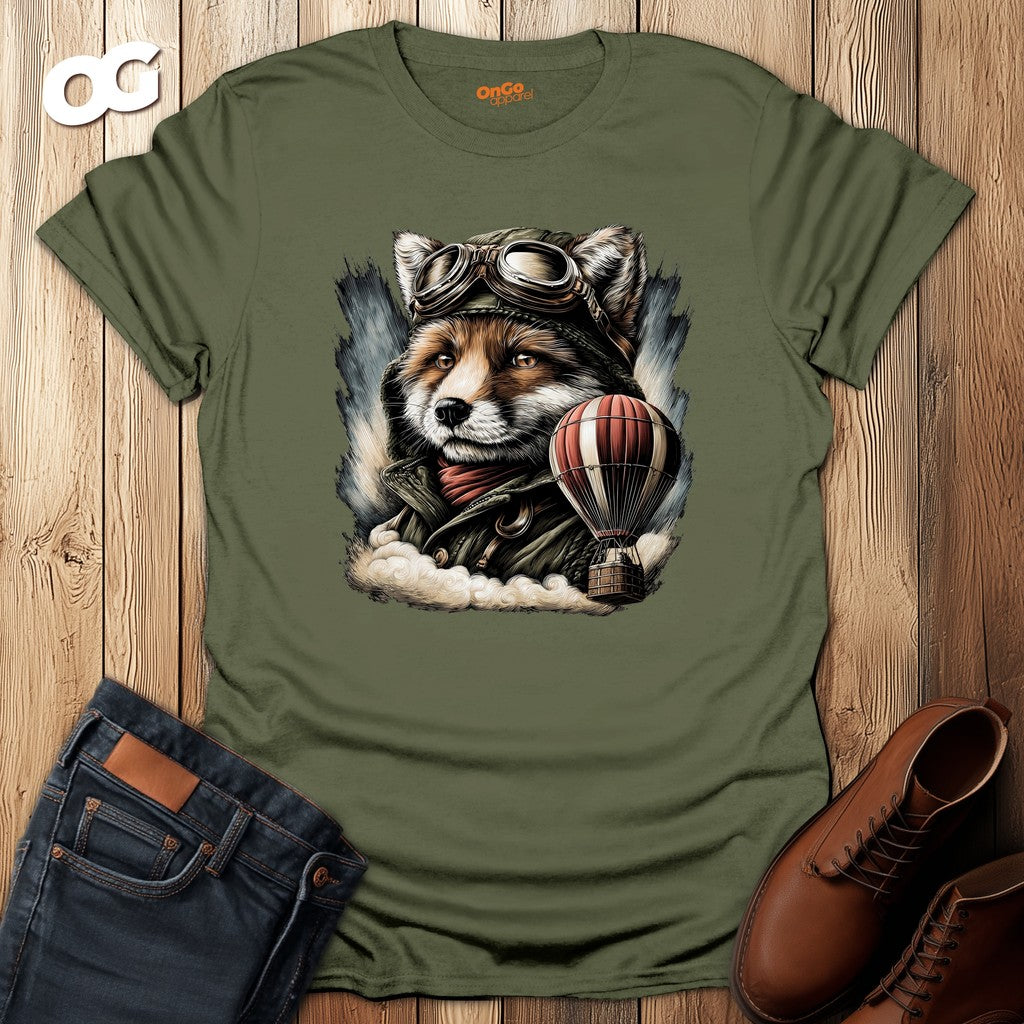 Fox Aviator with Balloon T-Shirt – military_green – oak-wood