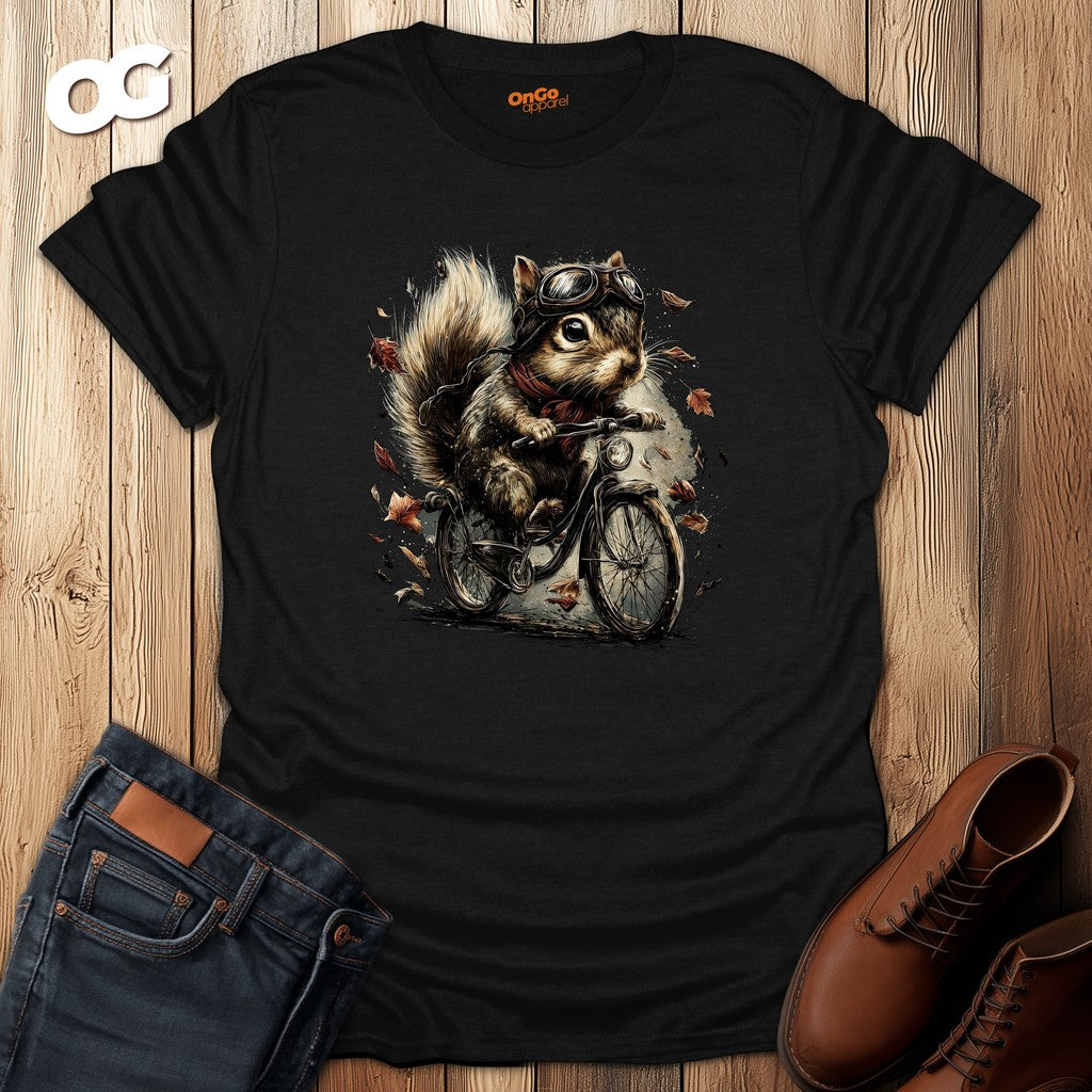 Squirrel Aviator Bike T-Shirt with Fun Animal Design – black – oak-wood