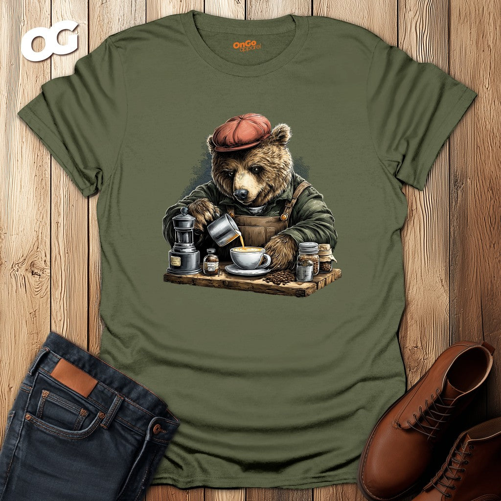 Bear Barista T-Shirt with Coffee Art Design – military_green – oak-wood
