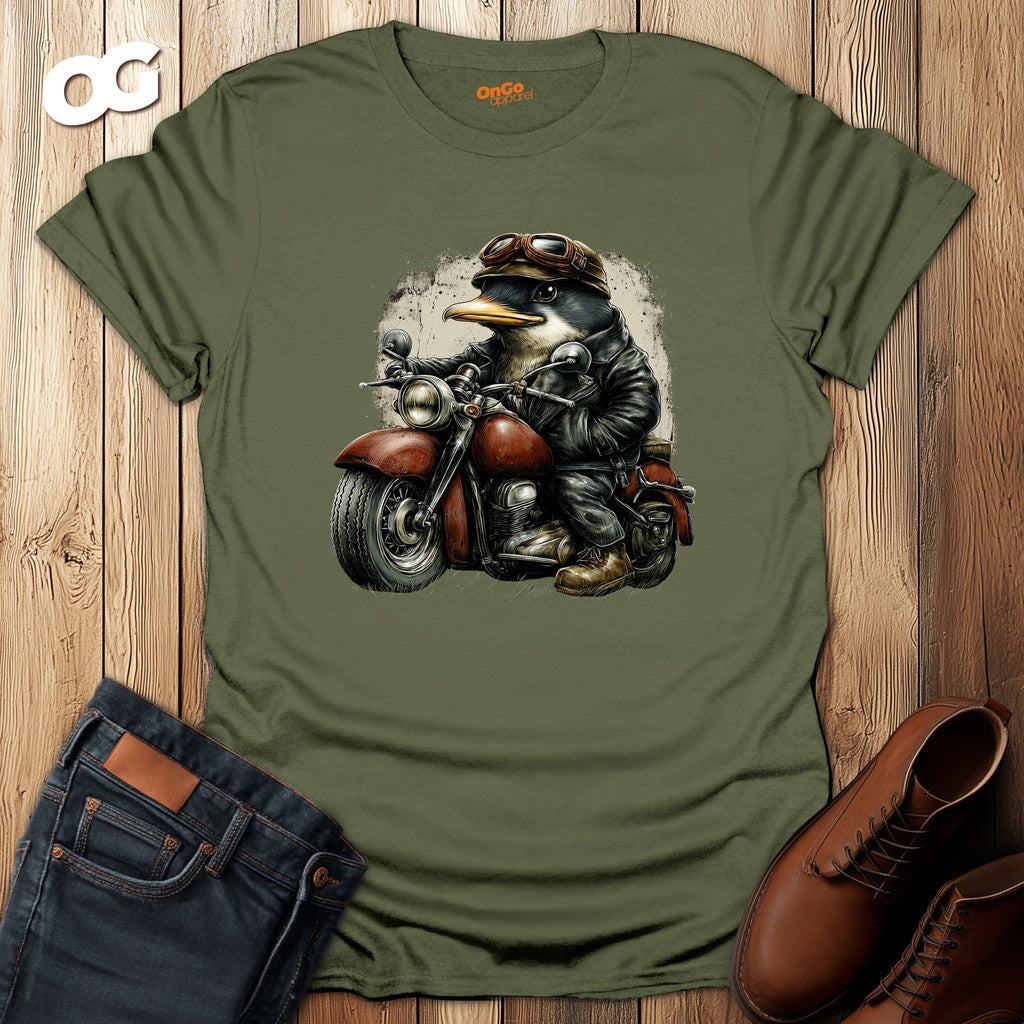 Penguin Aviator T-Shirt with Motorcycle Design – military_green – oak-wood