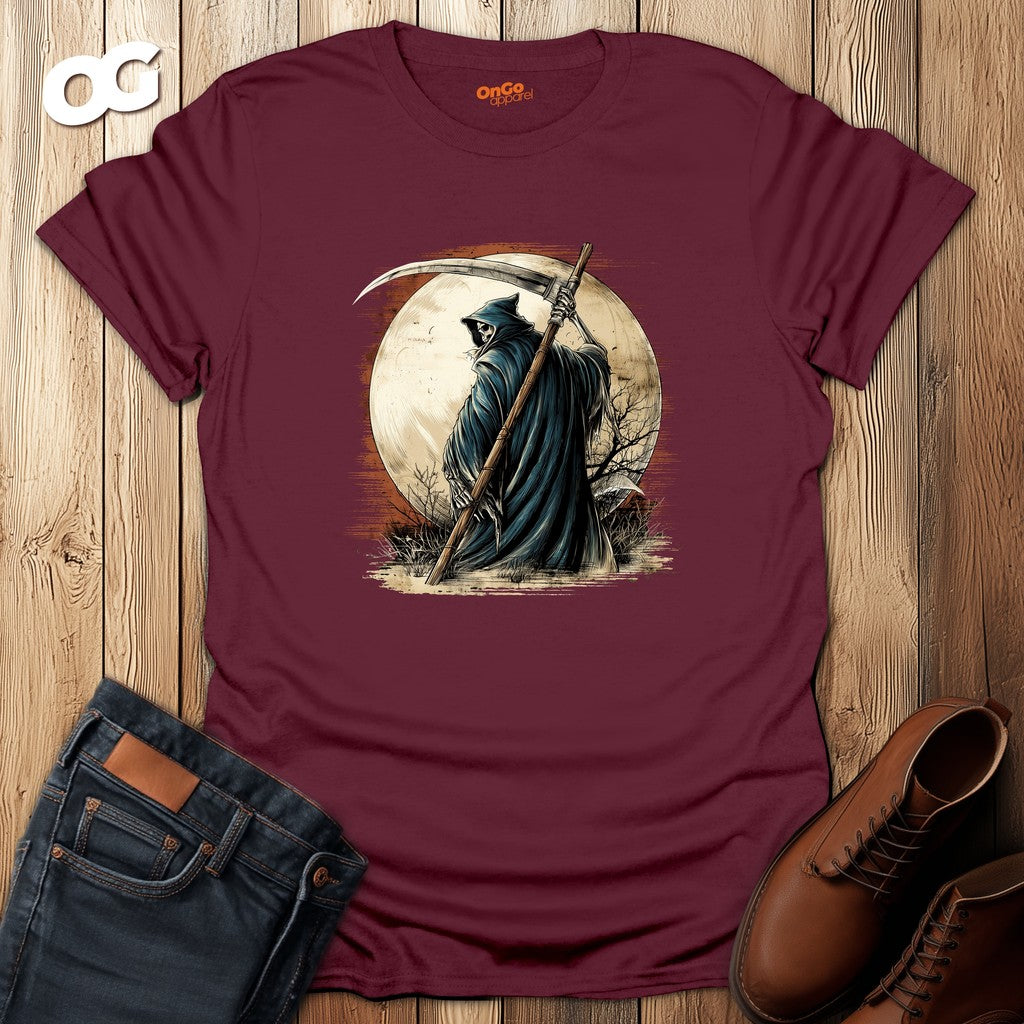 Grim Reaper Scythe and Moon Graphic T-Shirt – maroon – oak-wood