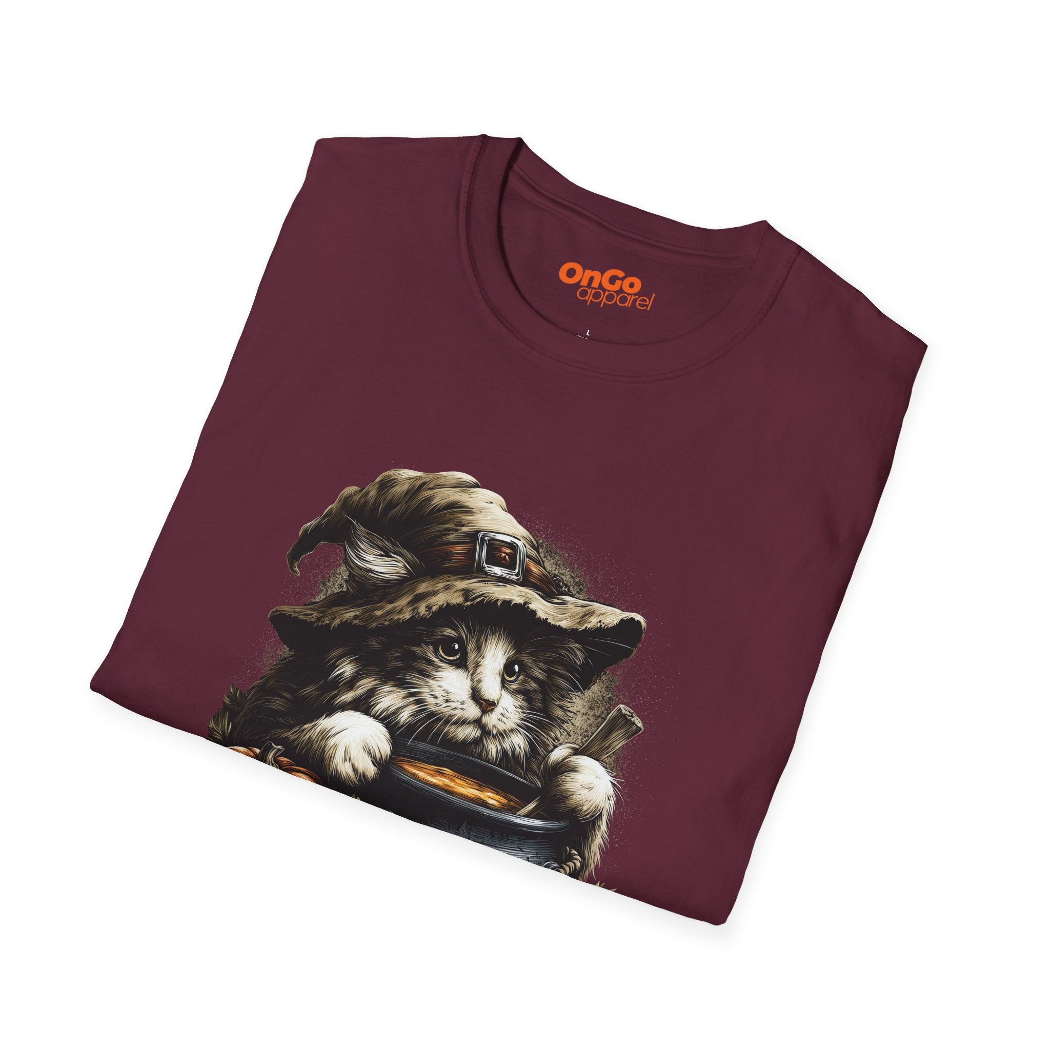 Cat Witch T-Shirt with Pumpkin Cauldron Design
