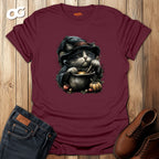 Cat Witch and Pumpkin Cauldron T-Shirt – maroon – oak-wood