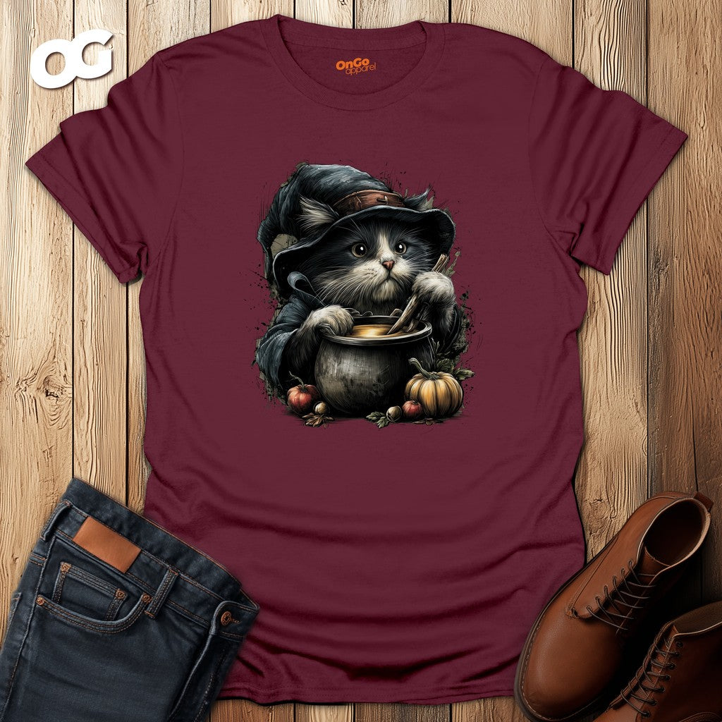 Cat Witch and Pumpkin Cauldron T-Shirt – maroon – oak-wood