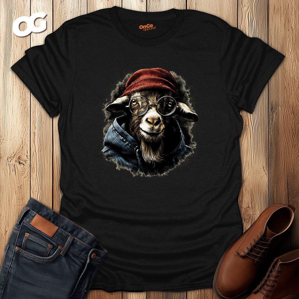 Trendy Goat with Glasses T-Shirt for Animal Lovers – black – oak-wood