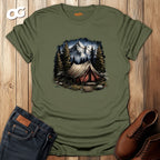 Camping Scene T-Shirt with Mountain and Forest Design – military_green – oak-wood