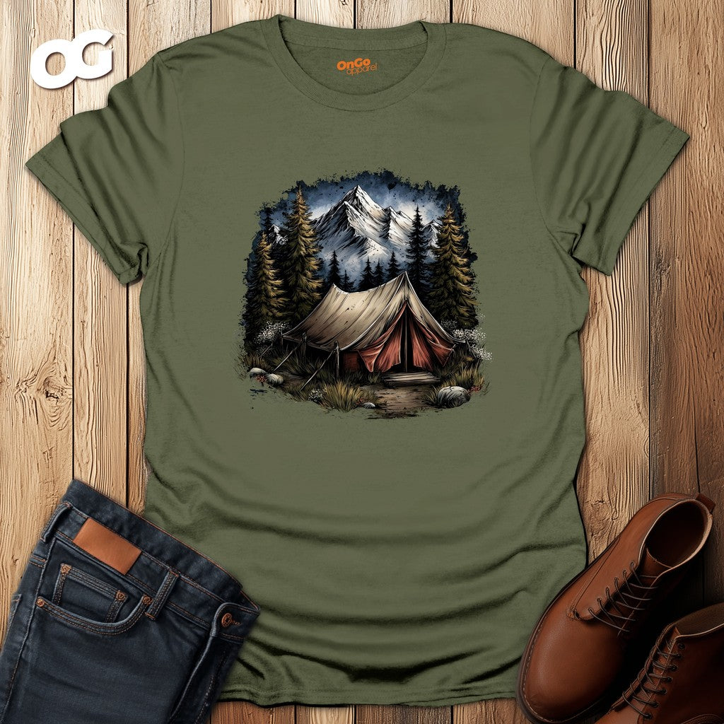 Camping Scene T-Shirt with Mountain and Forest Design – military_green – oak-wood