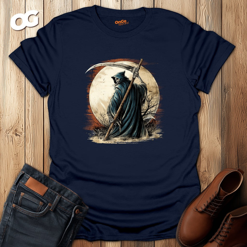 Grim Reaper Scythe and Moon Graphic T-Shirt – navy – oak-wood