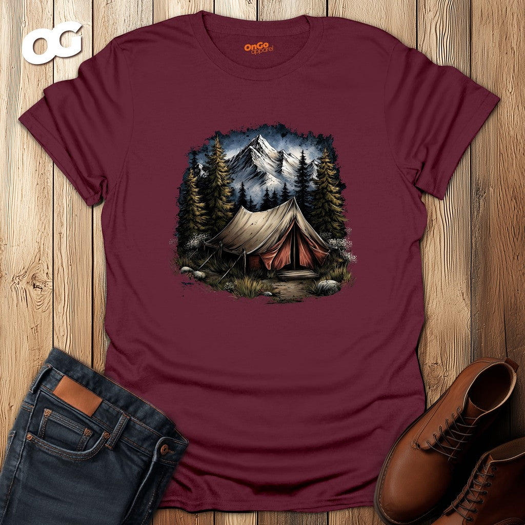 Camping Scene T-Shirt with Mountain and Forest Design – maroon – oak-wood