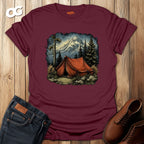 Adventure Mountain Tent Graphic T-Shirt – maroon – oak-wood