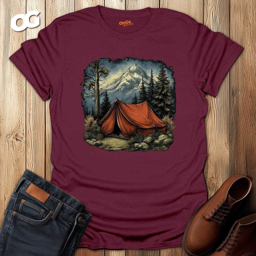 Adventure Mountain Tent Graphic T-Shirt – maroon – oak-wood
